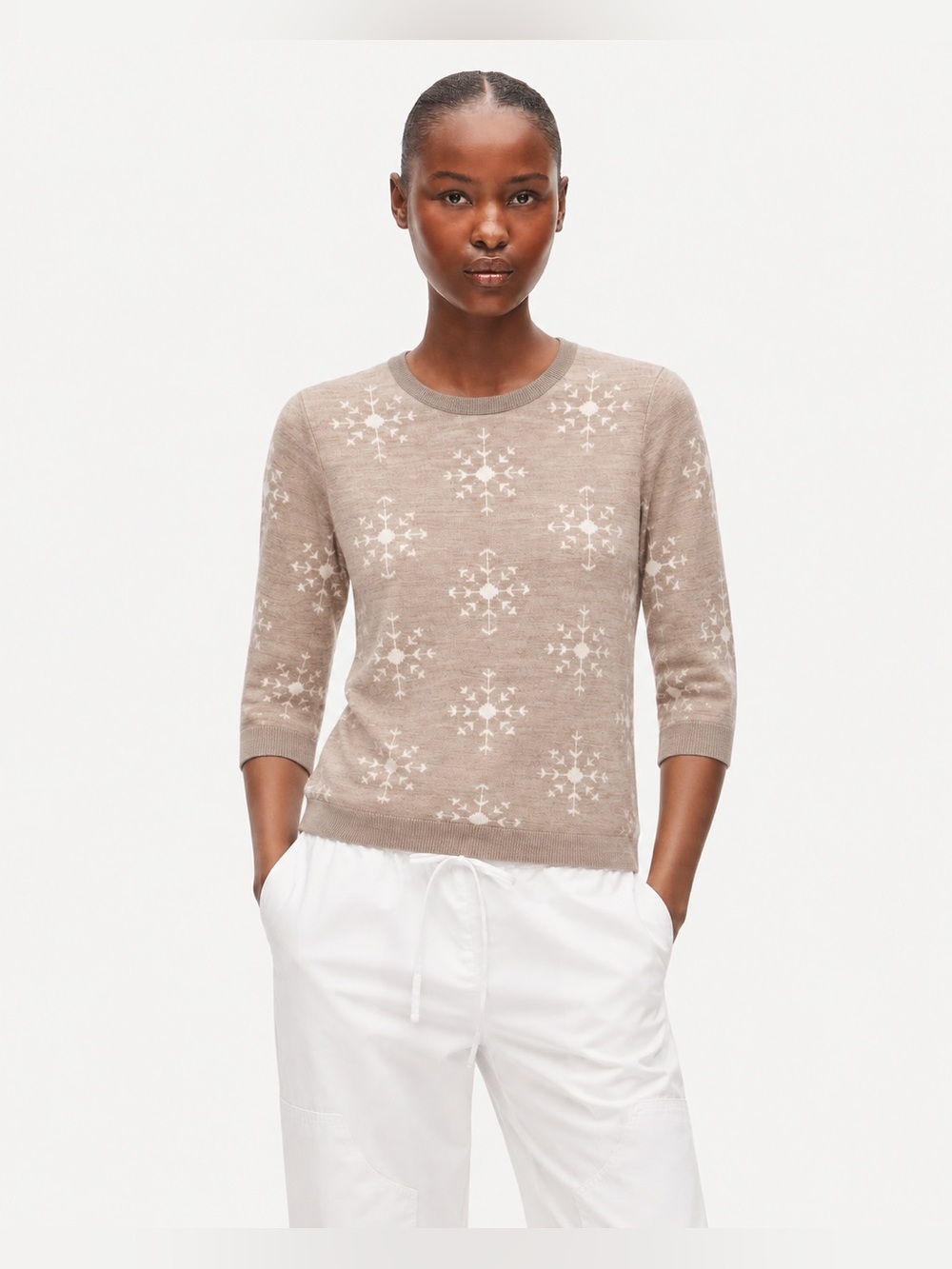 LOFT Wool Blend Pullover Crewneck Sweater Snowflake Neutral Size M Petite 349
